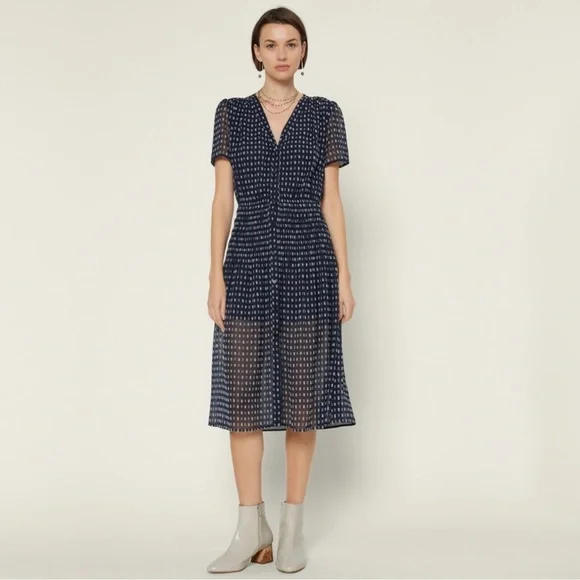 Anthro Current Air Short Sleeve Button Down Semi-Sheer Polka Dot MIDI Dress Sz L - Picture 2 of 14